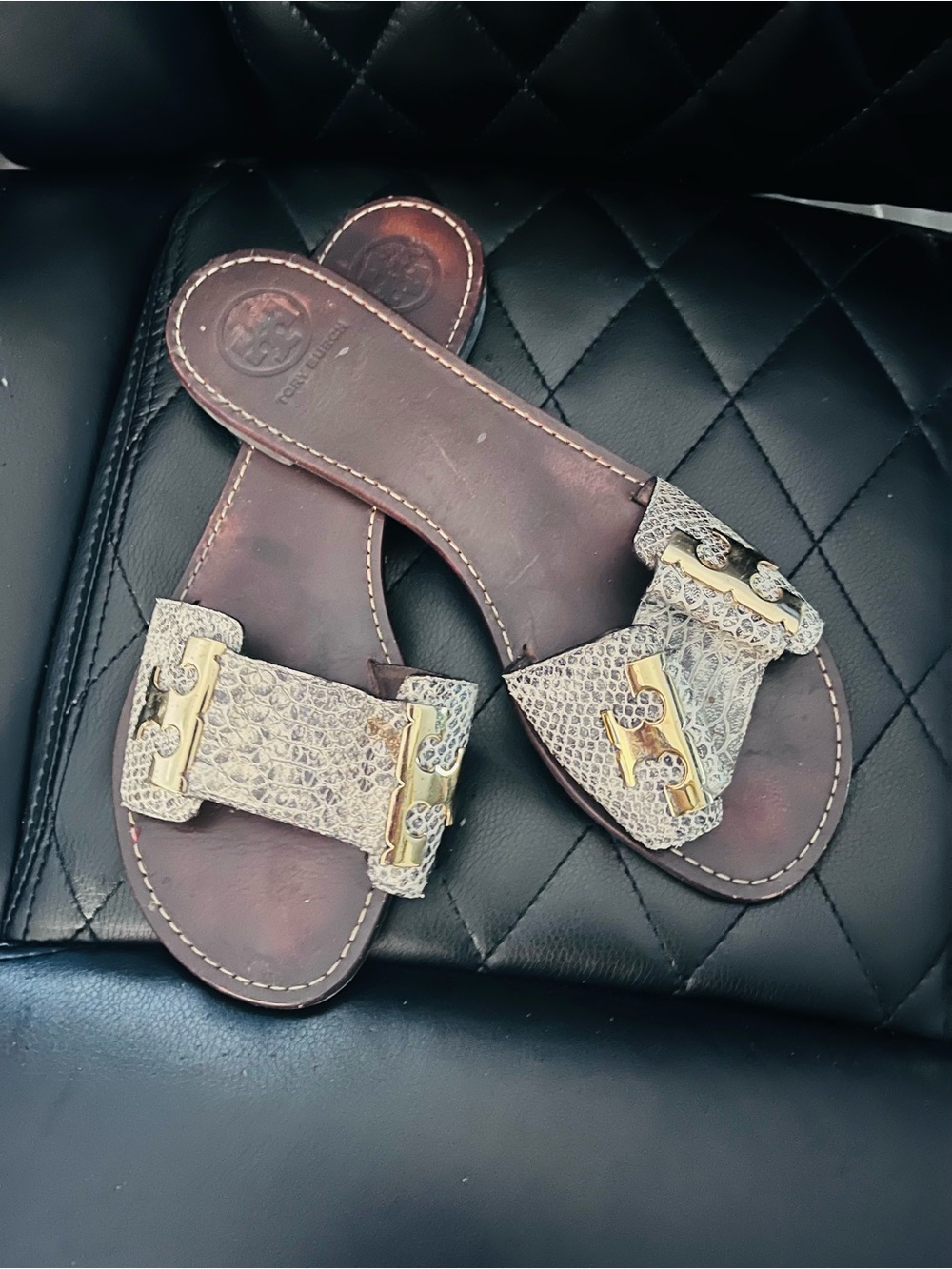 Tory Burch Brown Leather & Snake-Embossed Slide Sandals - Brown